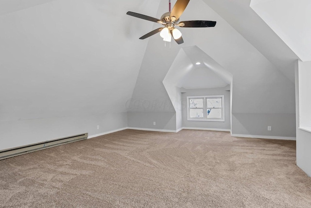 additional living space featuring light colored carpet, a baseboard radiator, ceiling fan, and lofted ceiling