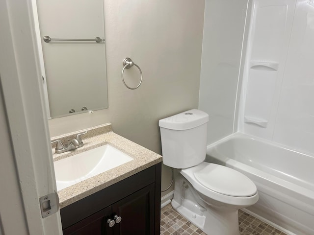 full bathroom with vanity,  shower combination, and toilet