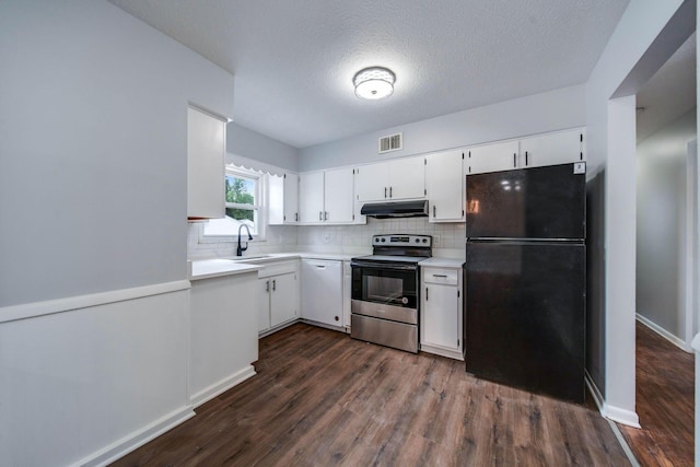 kitchen featuring electric range, dishwasher, sink, black fridge, and white cabinets