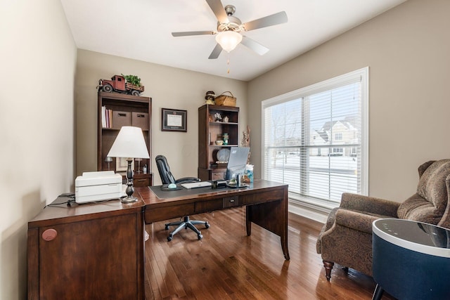 office featuring plenty of natural light, ceiling fan, and hardwood / wood-style floors