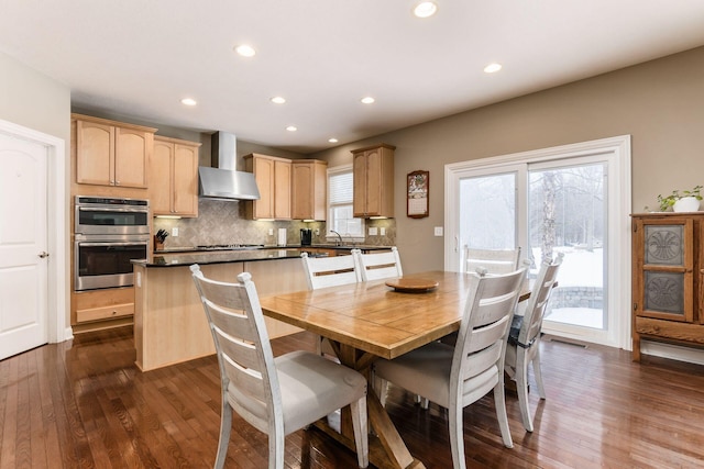 dining space featuring sink, dark hardwood / wood-style floors, and plenty of natural light