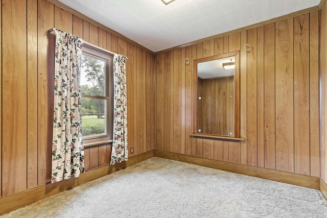 spare room with carpet flooring, wooden walls, and a textured ceiling