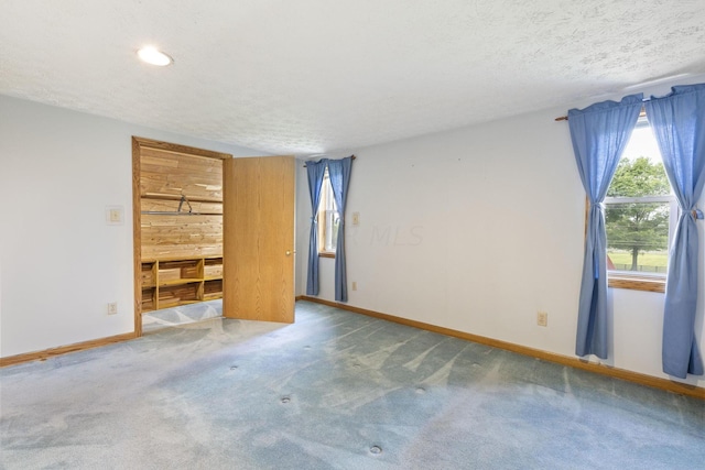 spare room with carpet, wood walls, and a textured ceiling