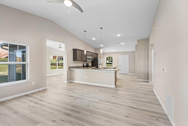 kitchen with kitchen peninsula, appliances with stainless steel finishes, dark brown cabinets, light hardwood / wood-style floors, and lofted ceiling