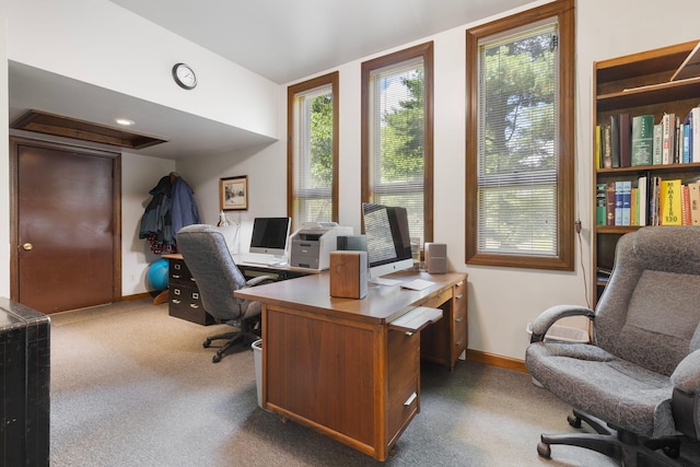 office space with dark colored carpet