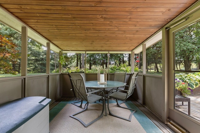 sunroom featuring a healthy amount of sunlight and wood ceiling