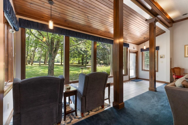 tiled dining area featuring wooden ceiling and vaulted ceiling