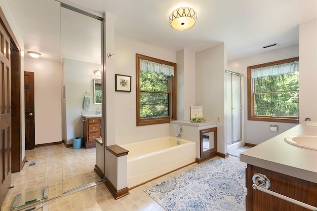 bathroom with vanity and separate shower and tub