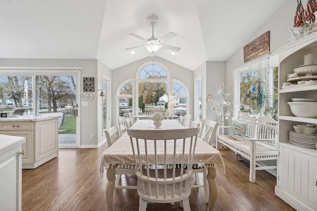 dining space with lofted ceiling, ceiling fan, and dark wood-type flooring