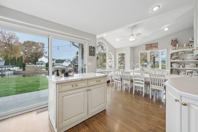 kitchen with white cabinetry, ceiling fan, dark wood-type flooring, vaulted ceiling, and a kitchen island