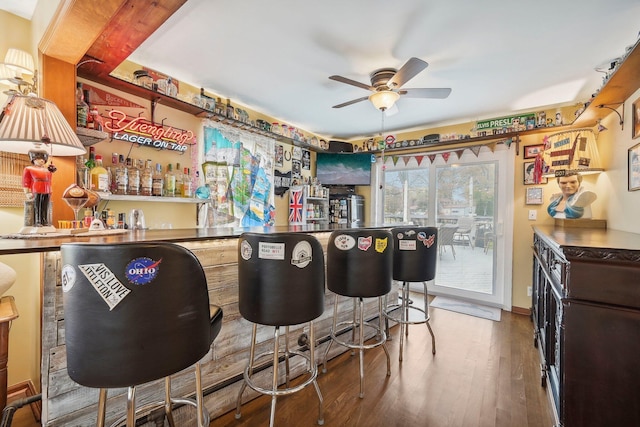 bar featuring wood-type flooring and ceiling fan