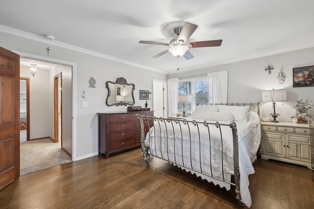 bedroom with ceiling fan, dark hardwood / wood-style floors, and crown molding