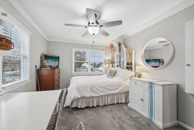 bedroom featuring ceiling fan, crown molding, and light carpet