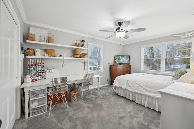 bedroom featuring carpet, ceiling fan, and crown molding