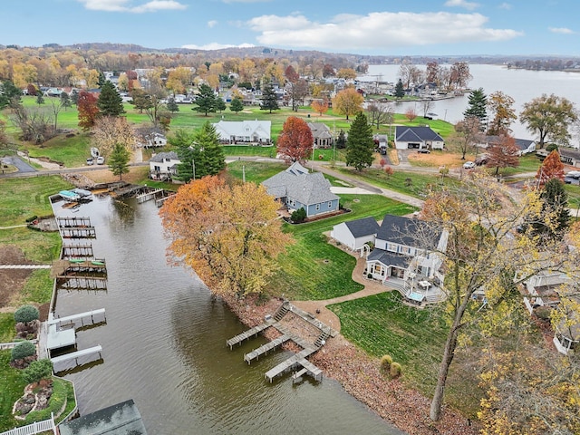 drone / aerial view featuring a water view