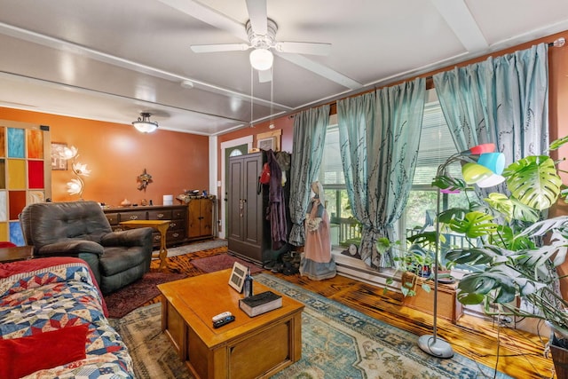 living room featuring ceiling fan