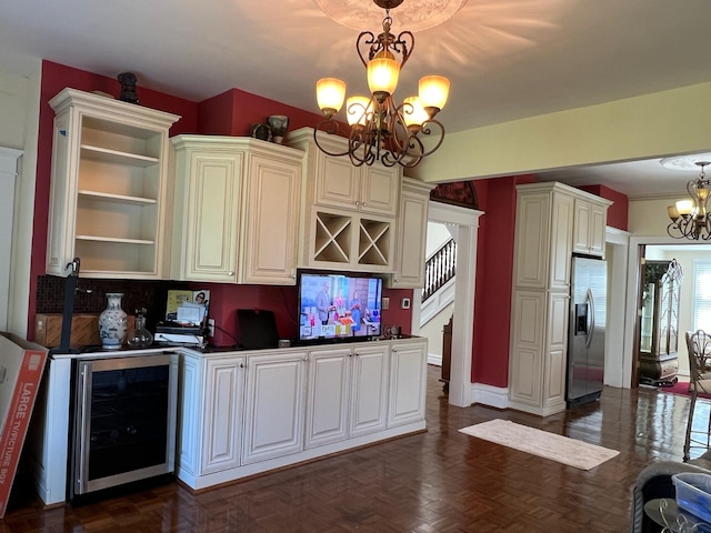 kitchen with pendant lighting, an inviting chandelier, dark parquet floors, stainless steel refrigerator with ice dispenser, and wine cooler