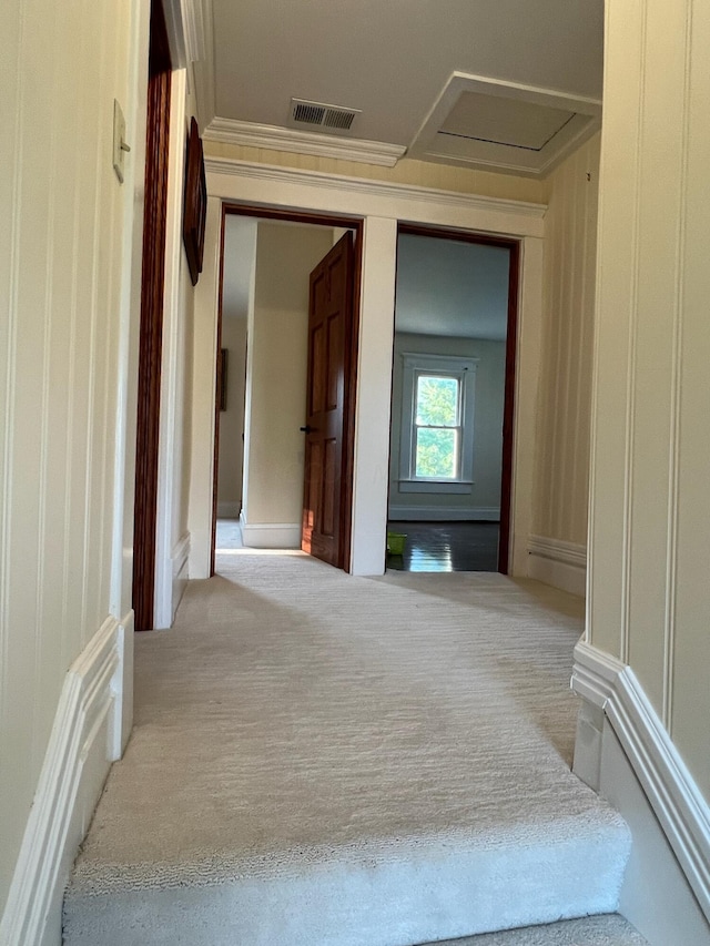 hall featuring light colored carpet and ornamental molding