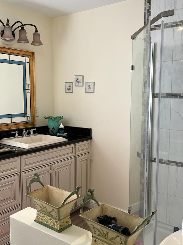 bathroom featuring hardwood / wood-style flooring, vanity, and a shower with door