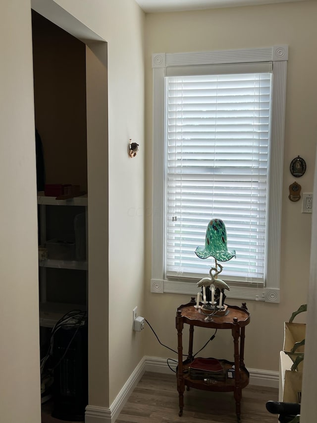 hallway with a healthy amount of sunlight and hardwood / wood-style flooring