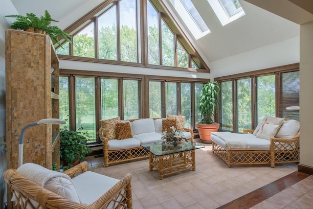 sunroom with lofted ceiling with skylight and plenty of natural light