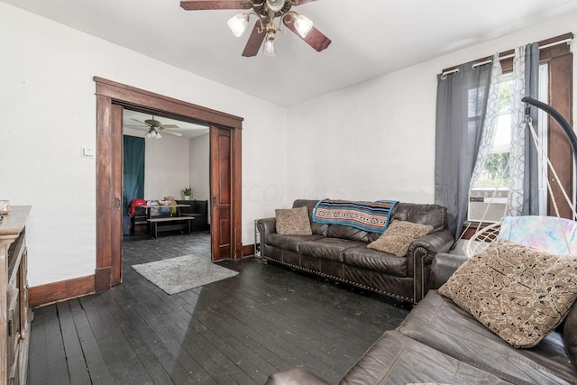 living room with dark hardwood / wood-style floors, ceiling fan, and cooling unit