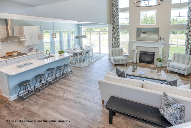 living room featuring light wood-type flooring, a premium fireplace, a wealth of natural light, and sink