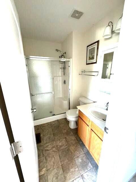 bathroom with toilet, walk in shower, and vanity