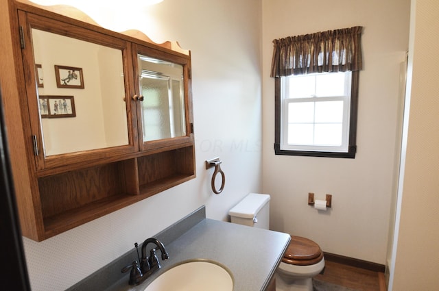 bathroom featuring an enclosed shower, vanity, and toilet