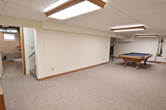 playroom featuring a paneled ceiling, pool table, and carpet floors