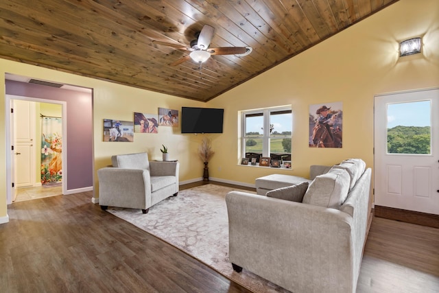 living area featuring wood finished floors, visible vents, wood ceiling, vaulted ceiling, and baseboards