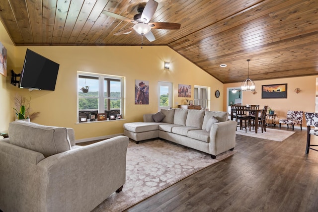 living room featuring wood ceiling, baseboards, vaulted ceiling, and dark wood finished floors