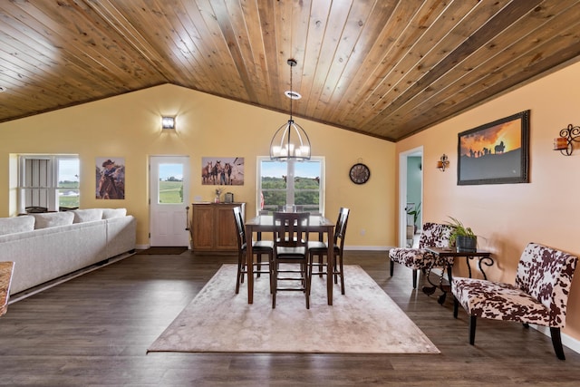 dining space featuring lofted ceiling, wooden ceiling, dark wood finished floors, and a notable chandelier