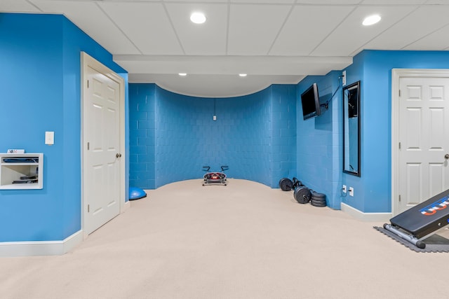 workout room featuring carpet floors