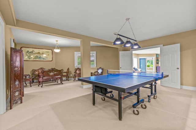 game room with light colored carpet