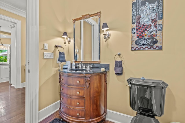 bathroom featuring crown molding, vanity, and hardwood / wood-style flooring