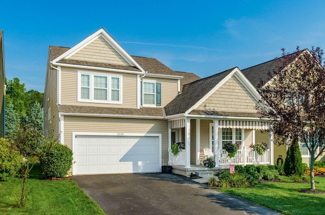 view of front of house with a front yard, a garage, and covered porch