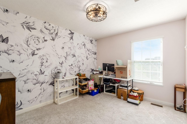 carpeted home office with a textured ceiling and a wealth of natural light