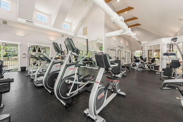 exercise room with high vaulted ceiling