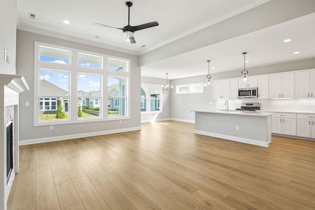 kitchen featuring white cabinetry, crown molding, light wood-type flooring, and stainless steel appliances