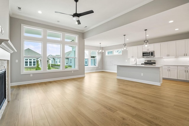 unfurnished living room with a healthy amount of sunlight, a fireplace, and light hardwood / wood-style flooring