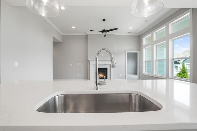 kitchen featuring ceiling fan, crown molding, and sink