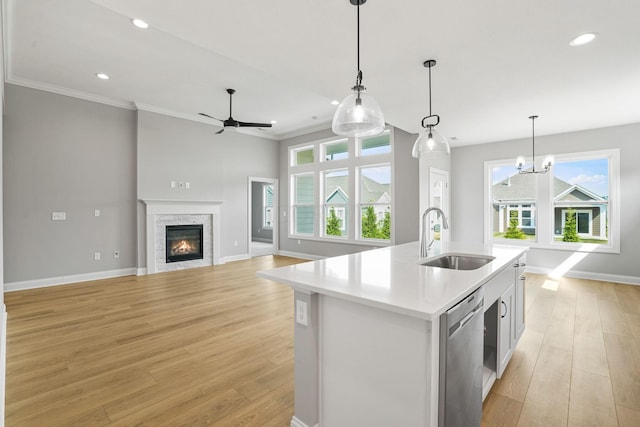 kitchen with a wealth of natural light, sink, stainless steel dishwasher, and a center island with sink