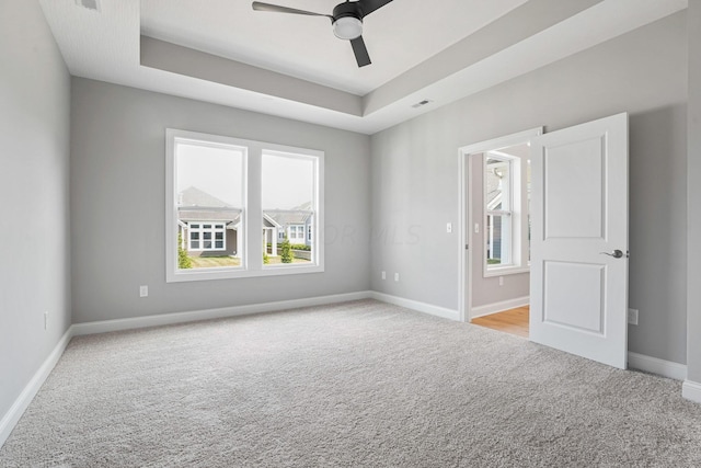 empty room featuring light carpet, a raised ceiling, and a wealth of natural light