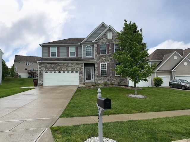 667 Green Forest Pl, Lithopolis, OH 43136 - traditional-style home with stone siding, a front lawn, driveway, and an attached garage