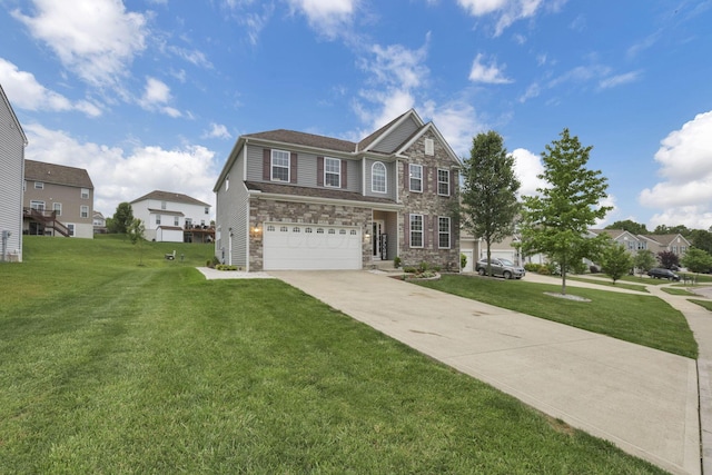 667 Green Forest Pl, Lithopolis, OH 43136 - view of front of house with stone siding, a garage, a front lawn, and concrete driveway