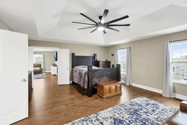 667 Green Forest Pl, Lithopolis, OH 43136 - bedroom featuring a tray ceiling, multiple windows, dark wood finished floors, and baseboards