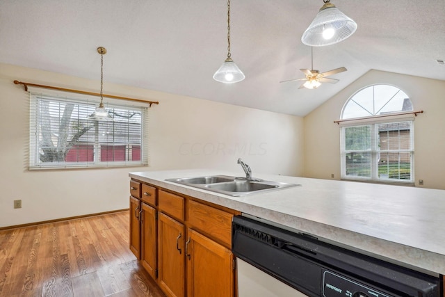 kitchen featuring stainless steel dishwasher, sink, pendant lighting, light hardwood / wood-style floors, and lofted ceiling