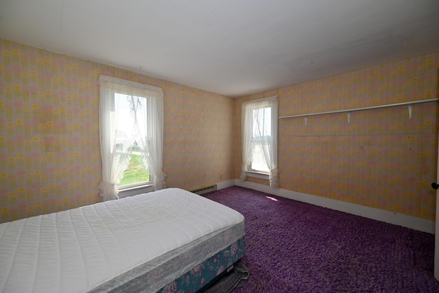 bedroom featuring a baseboard heating unit, carpet floors, and multiple windows