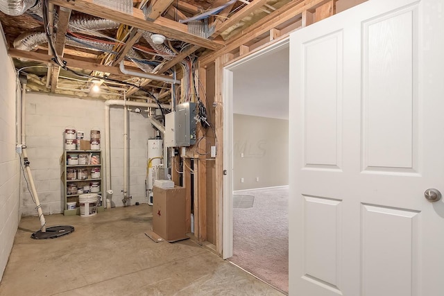 basement with electric panel and gas water heater